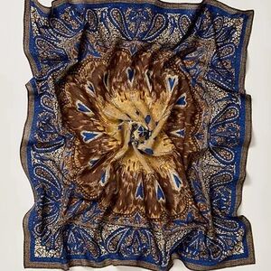New Free People Hearts On Fire Elegant Blue and Brown Patterned Scarf